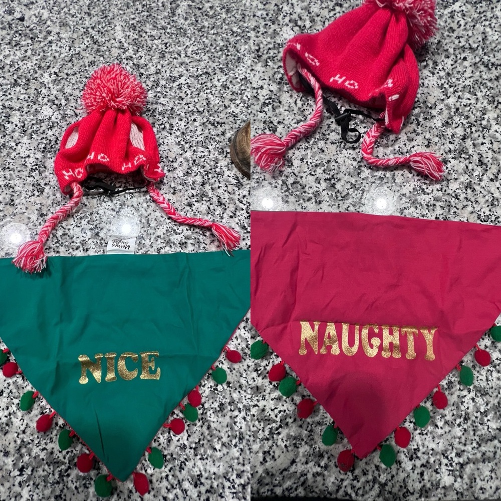 Festive Red and Green Kids Holiday Hat and Bandana Set